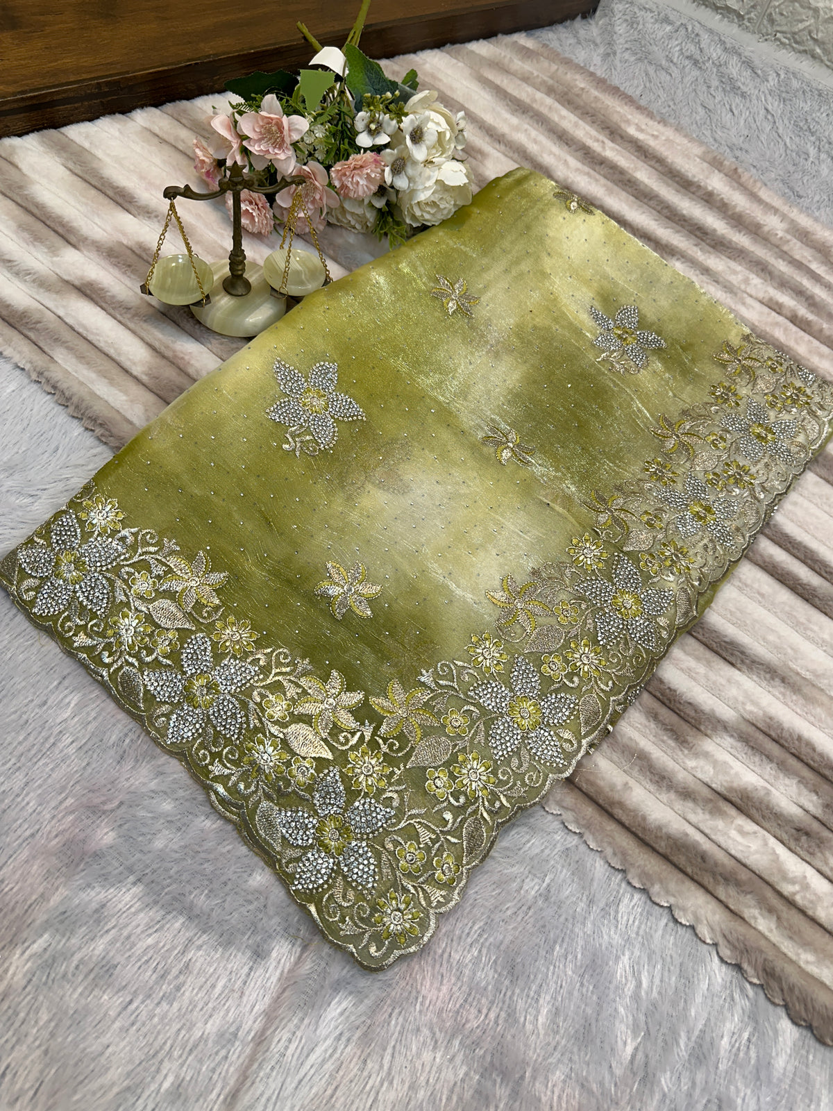 BUY 1 GET 1 FREE – Olive Green Floral Embroidered Saree
