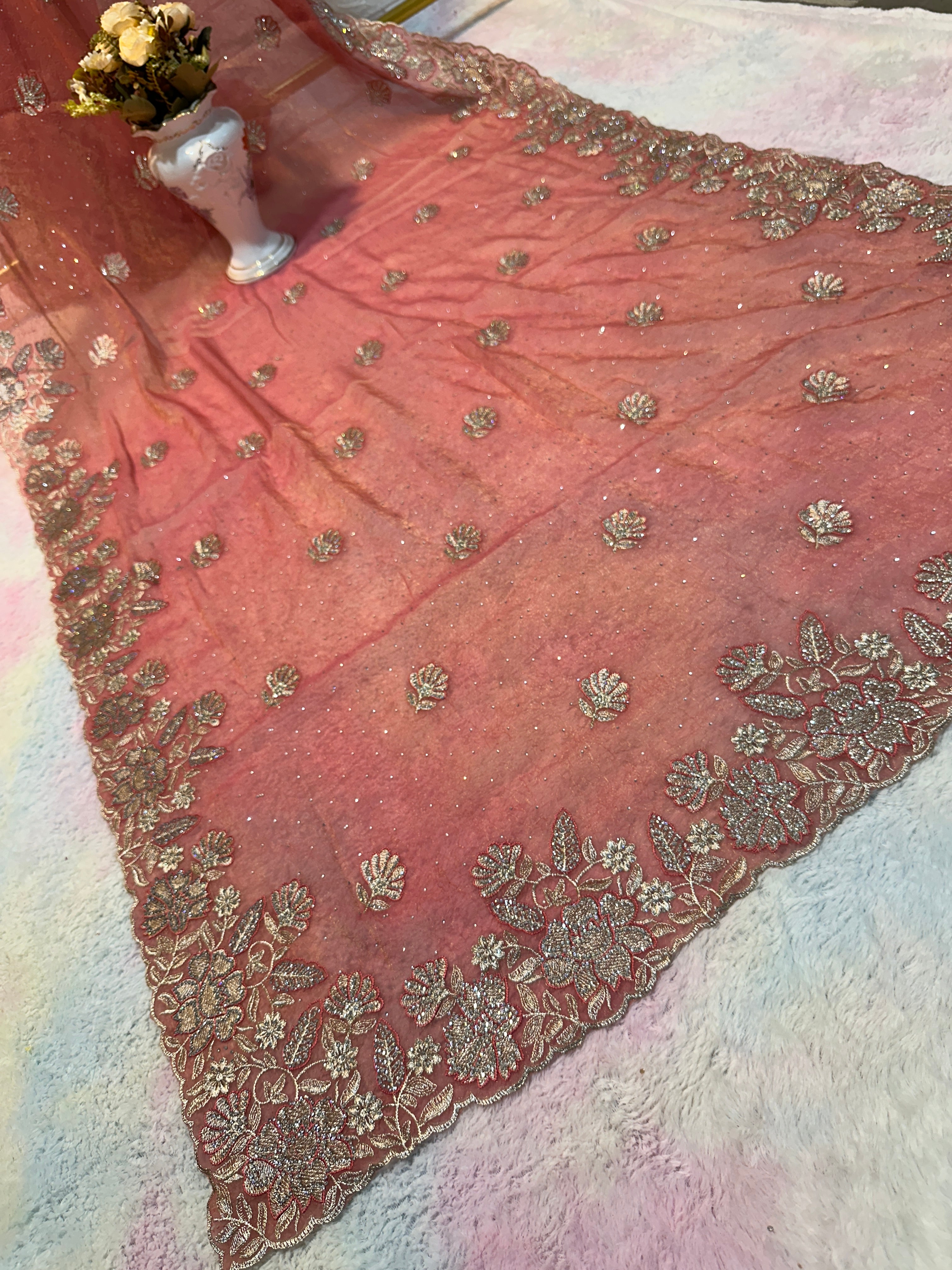 Coral Pink Organza Saree with Silver Zarkhan Stone & Zari Floral Embroidery