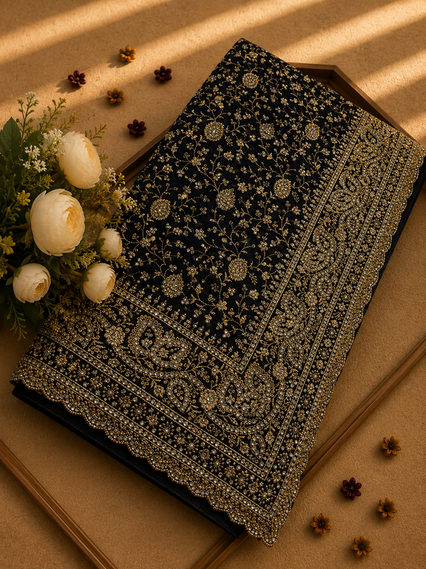 Premium Navy Blue Designer Georgette Saree with Heavy zarkhan & Intricate Embroidery