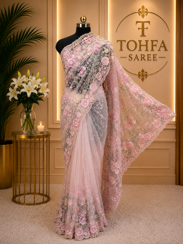 Luxury Baby Pink Pure Soft Butterfly Net Saree with Heavy Floral Embroidery & Sequin Work | Premium Wedding & Party Wear Collection