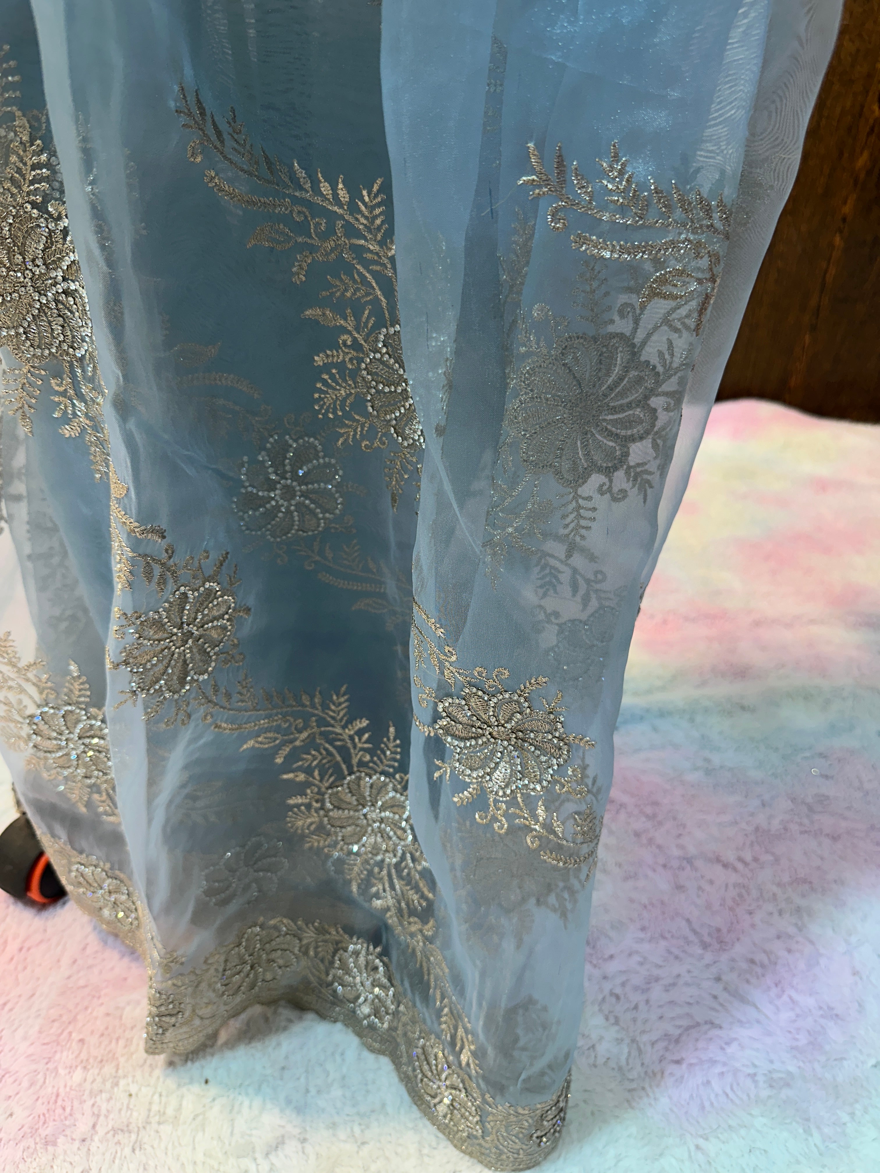 Headline

Graceful Dusty Blue Organza Saree with Silver Embroidered Border