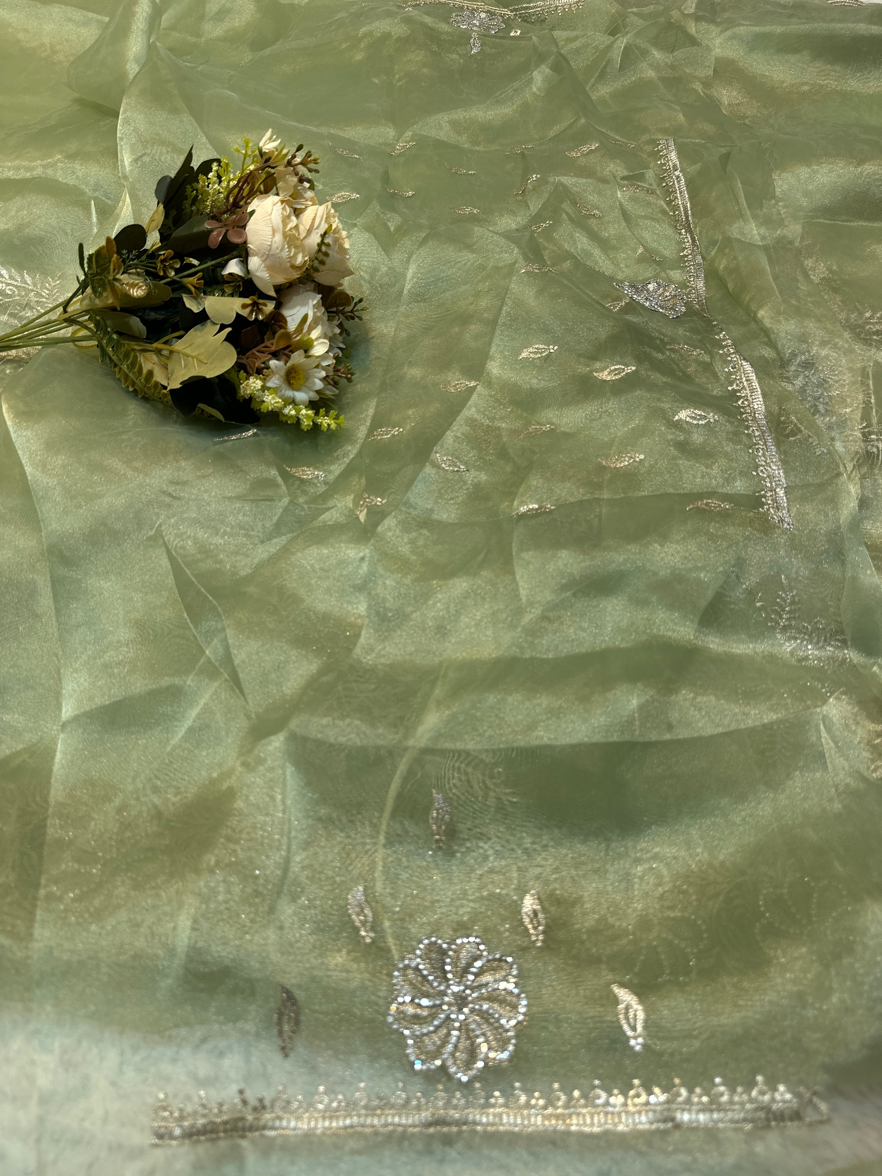 Pista green Organza Saree with Intricate Silver Embroidery
