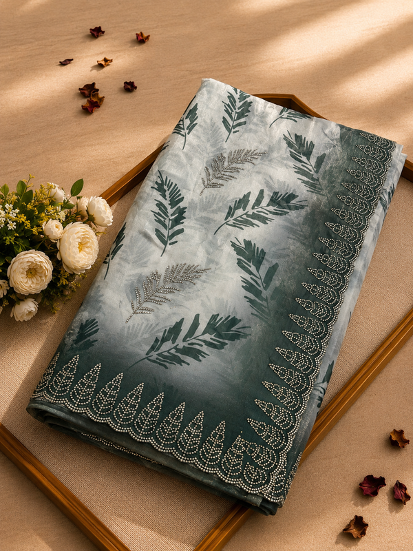 Elegant White & Teal Green Golden Zarkhan Saree | Premium Party Wear Collection