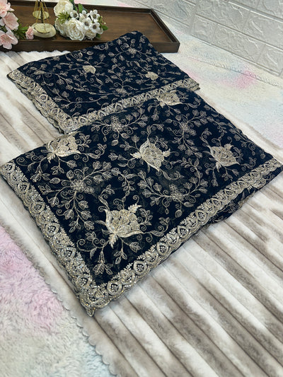 Midnight Blue Zari & Zarkhan Saree with Dupatta
