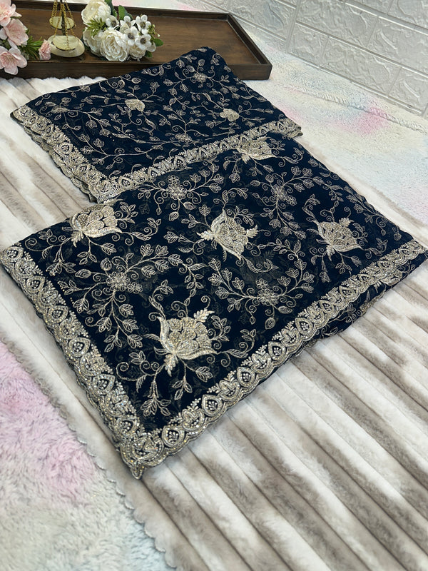 Midnight Blue Zari & Zarkhan Saree with Dupatta