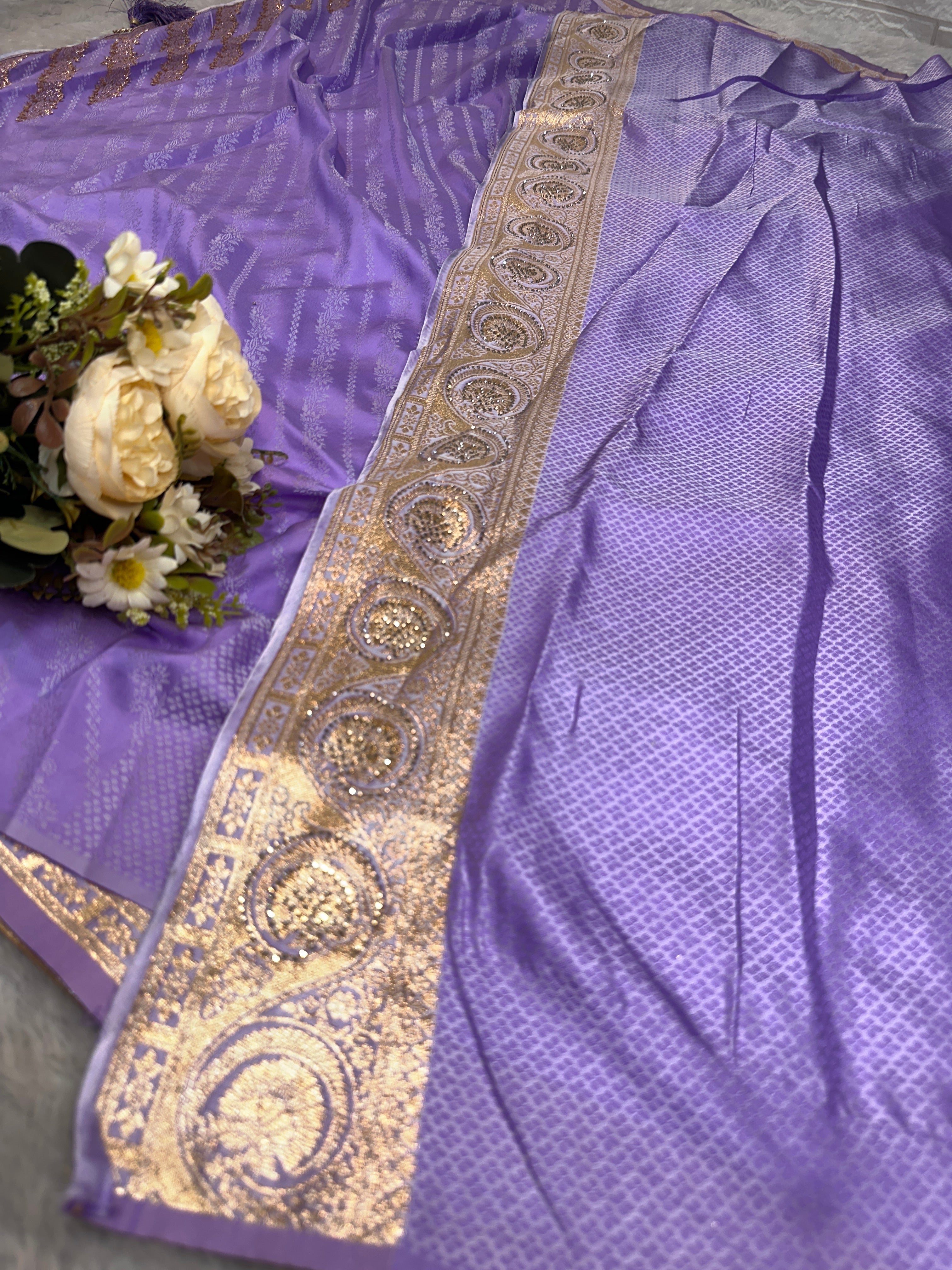 Lavender Purple Banarasi Silk Saree with Gold Zari Stripes & Heavy Zari Border