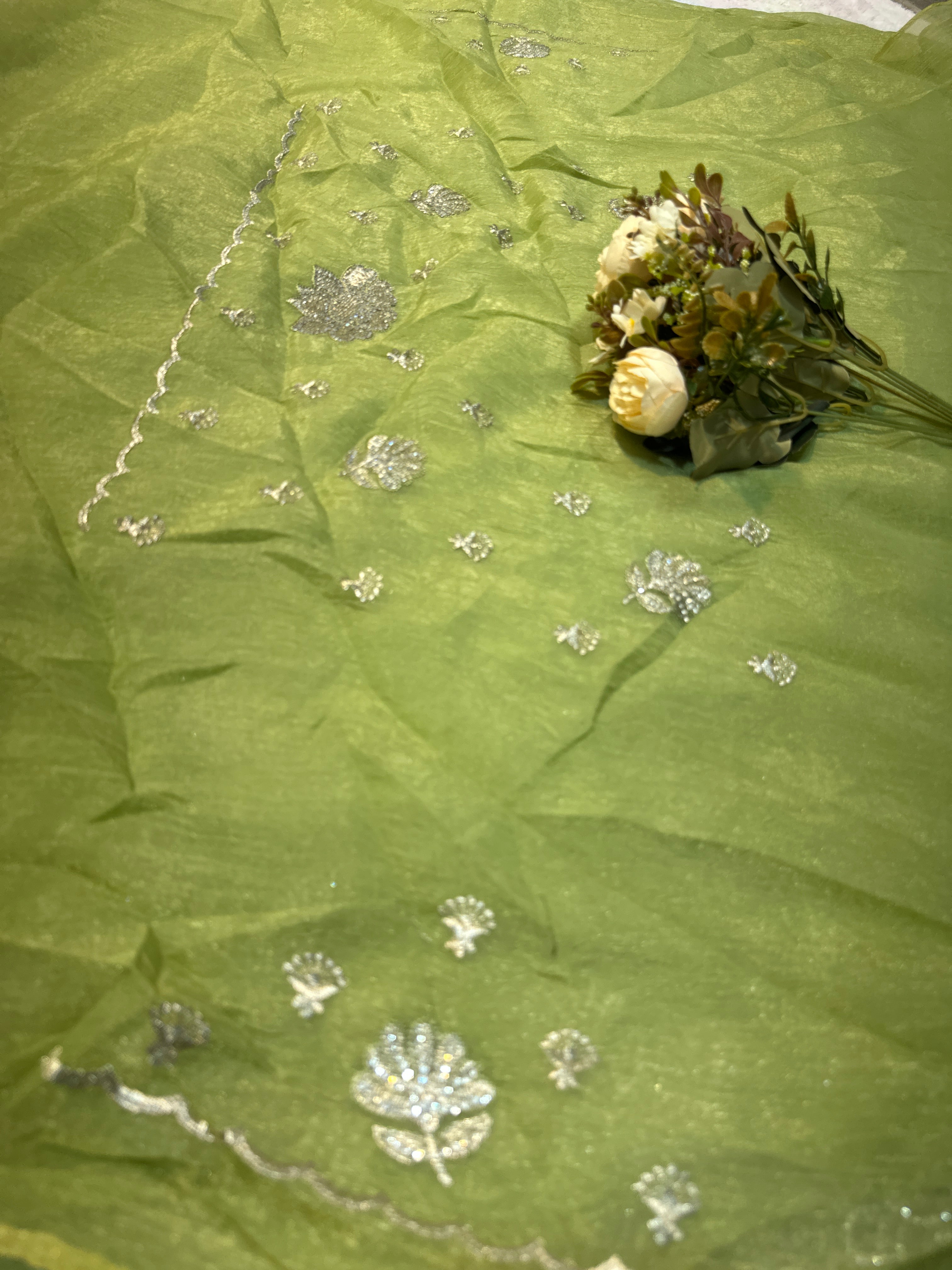 Pista Green Organza Saree with White Zari & Zarkhan Stone Floral Embroidery