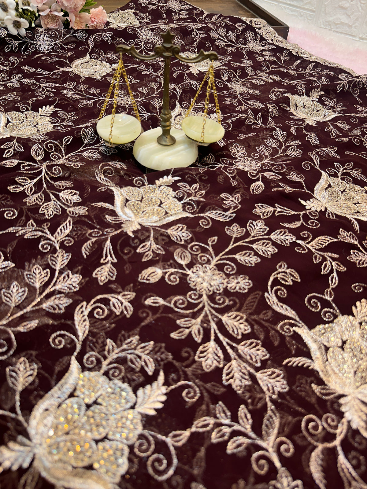 Premium Dark Chocolate Brown Zari Work Saree With Dupatta ✨