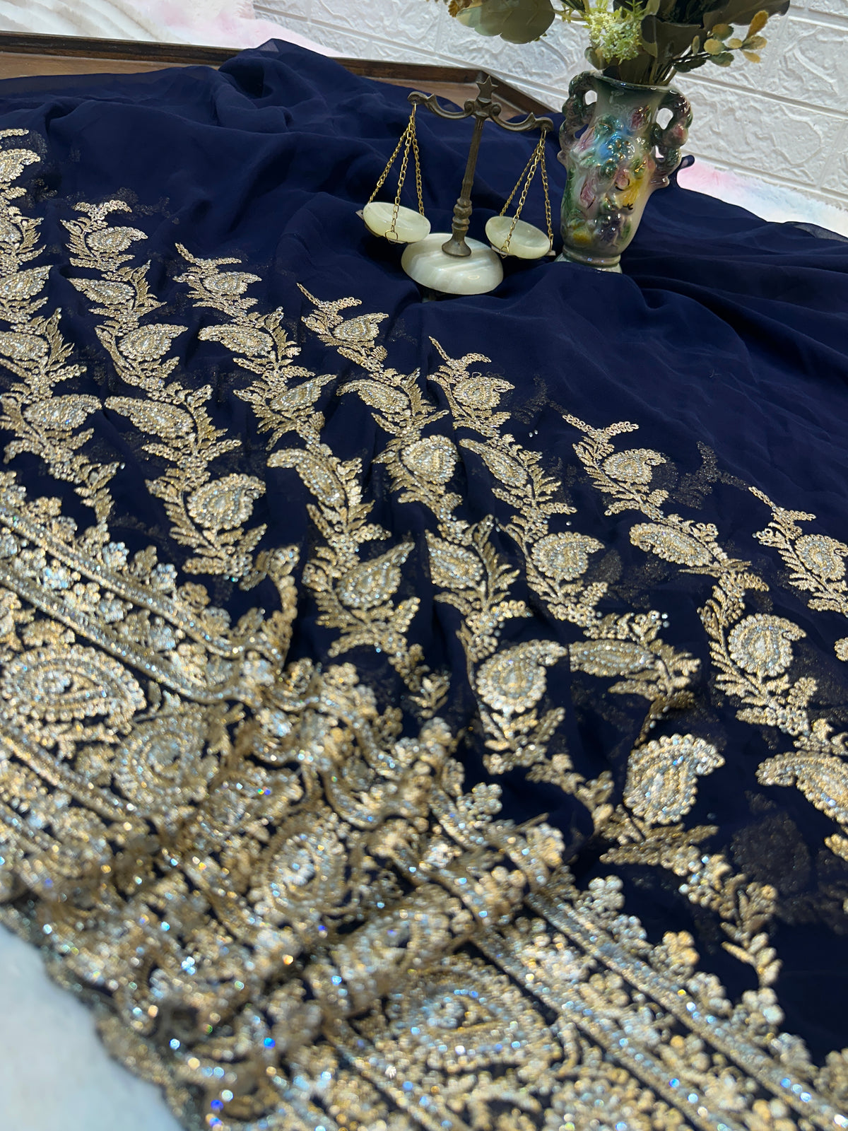 Navy Blue Bridal Saree with Dupatta | Heavy Zari & Embroidery Work