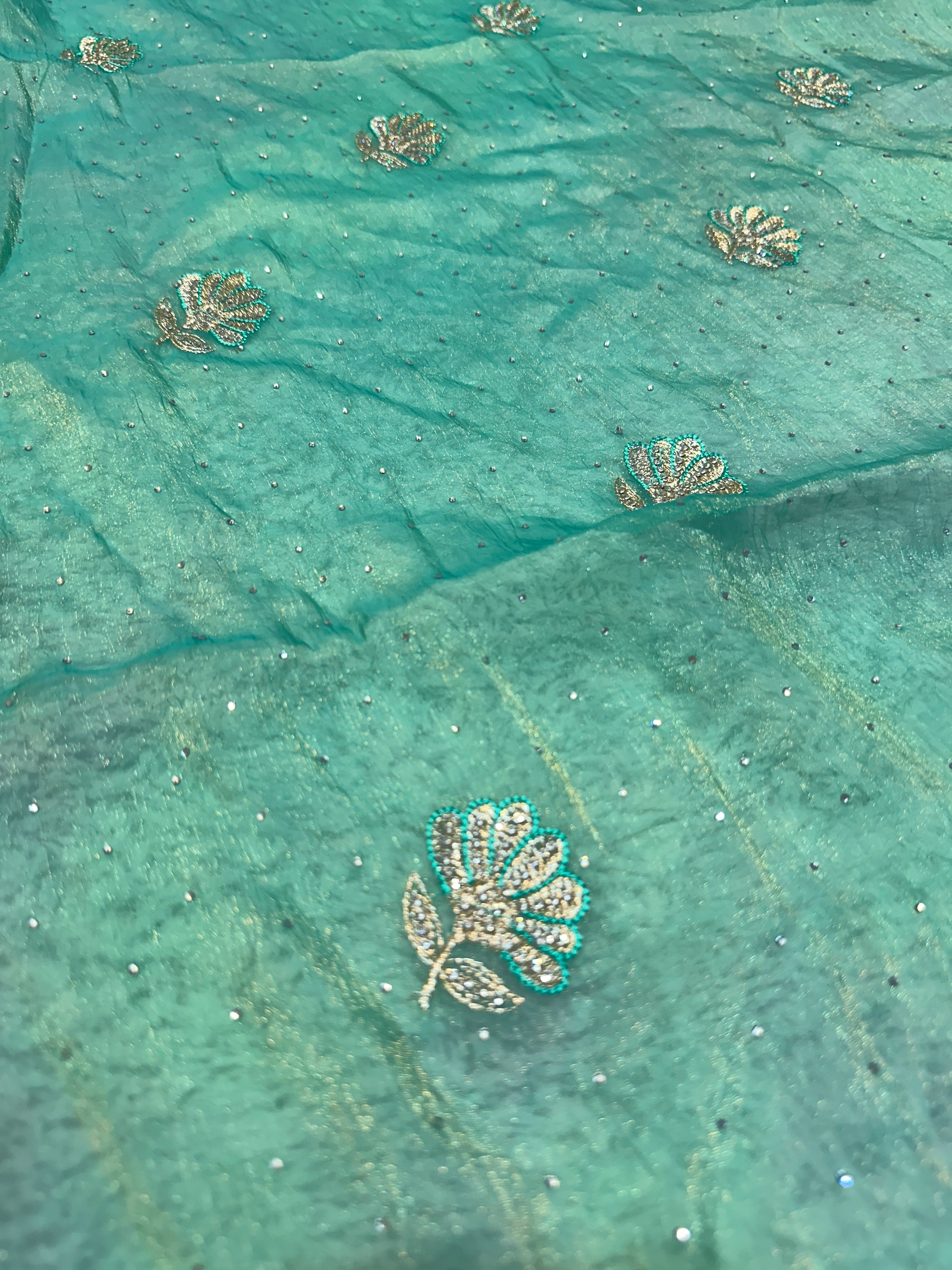 Sea Green Organza Saree with Zarkhan Stone & Zari Floral Embroidery