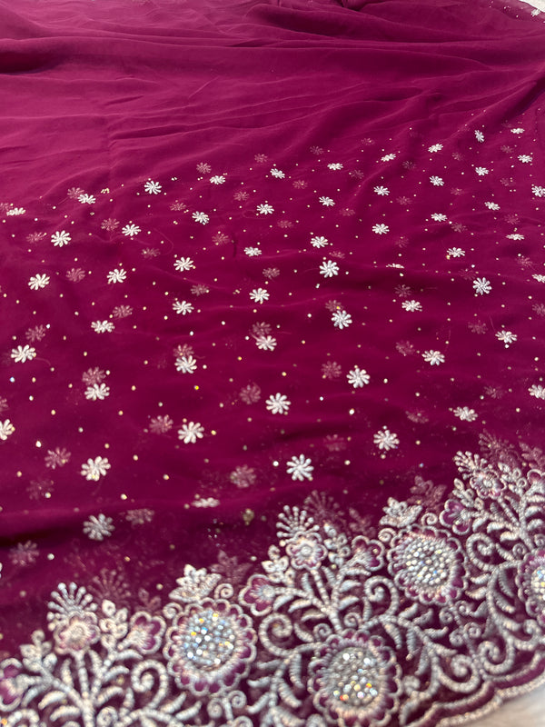 Plum Purple Georgette Saree with Silver Zari & Sequin Embroidery