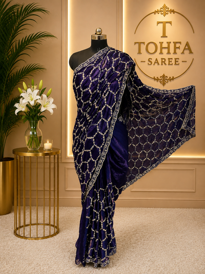 Premium Deep Purple Designer Saree with Intricate Beads Work