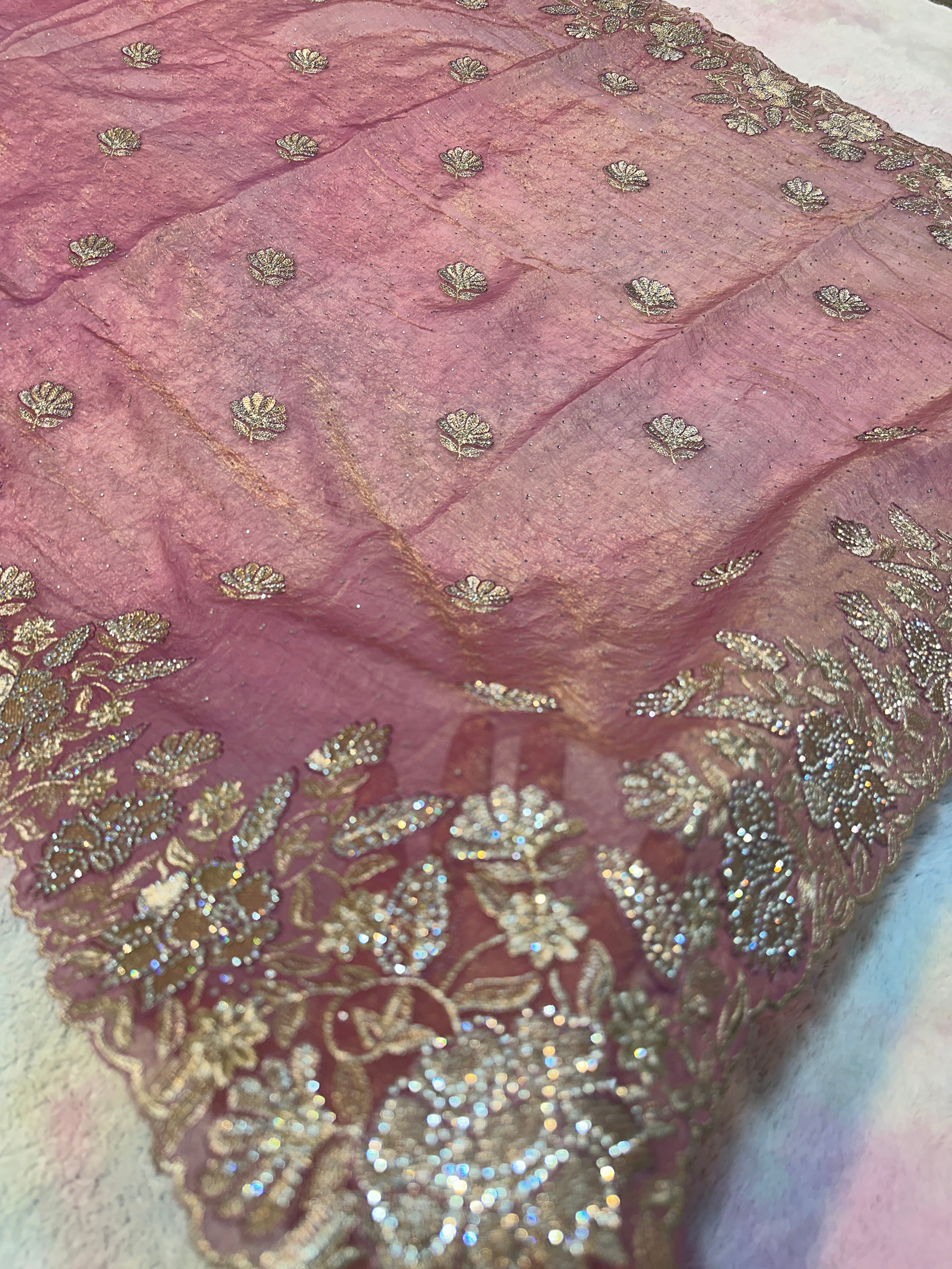 Dusty Rose Organza Saree with Zarkhan Stone & Zari Floral Embroidery