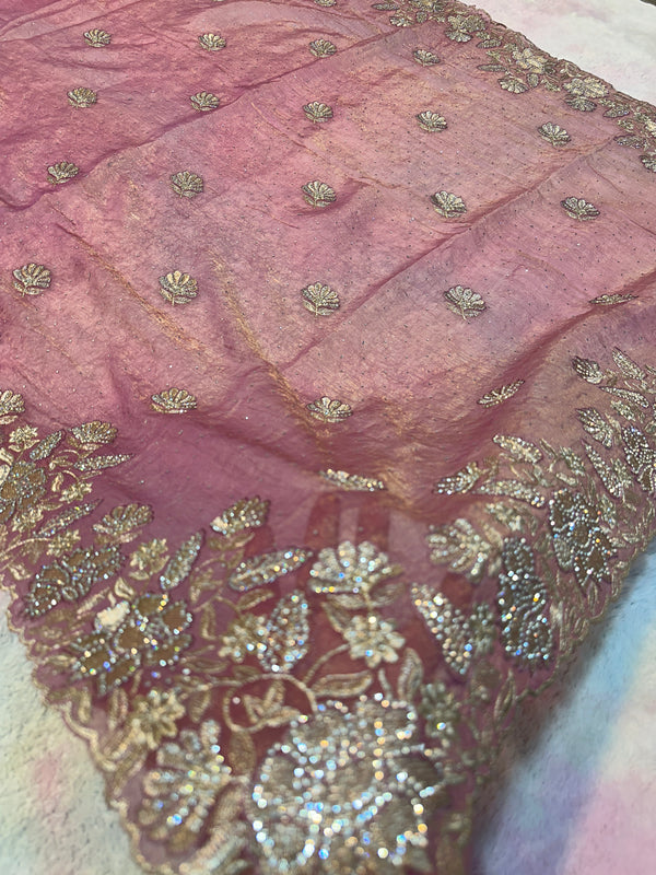 Dusty Rose Organza Saree with Zarkhan Stone & Zari Floral Embroidery