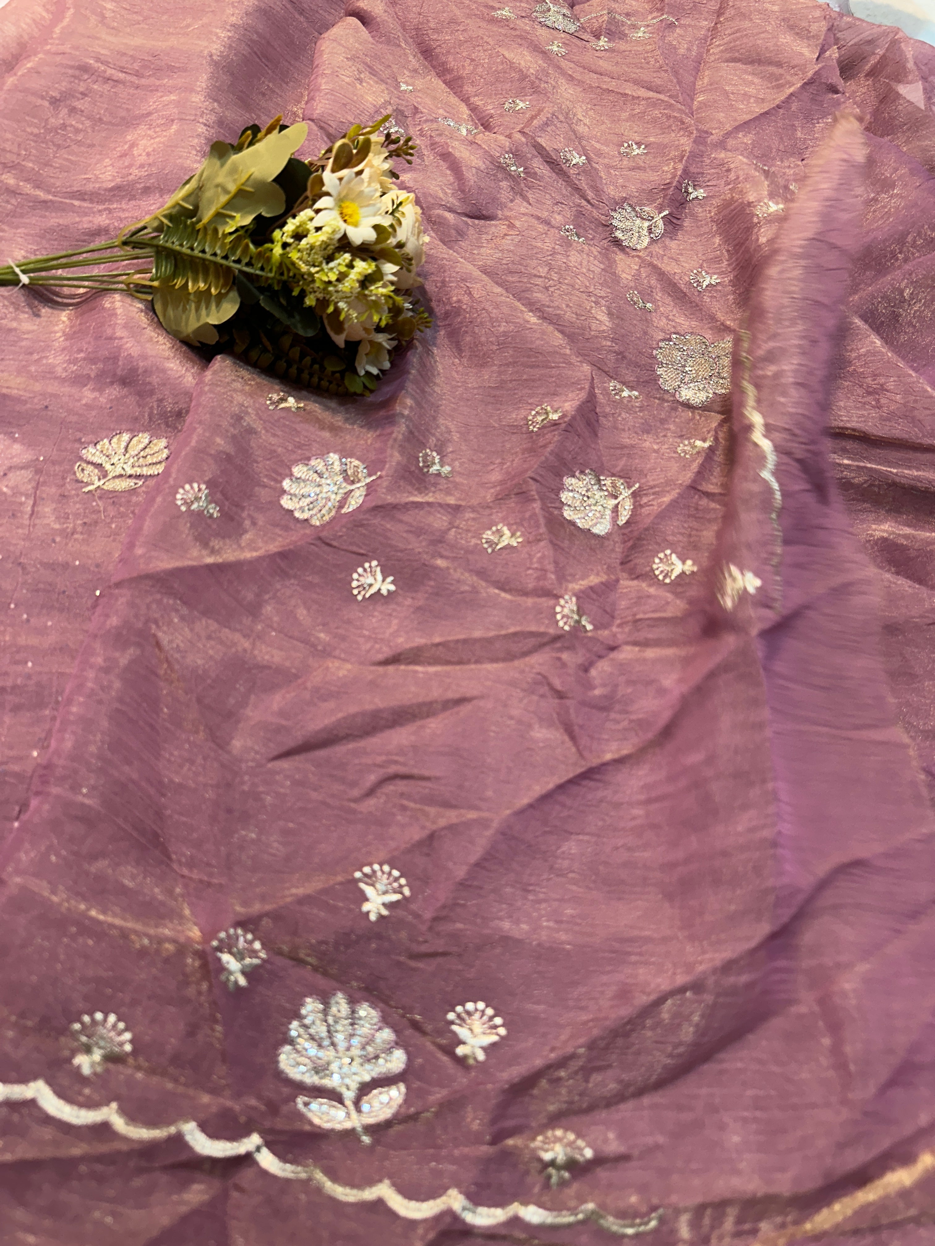 Dusty Rose Organza Saree with Zarkhan Stone & Zari Floral Embroidery