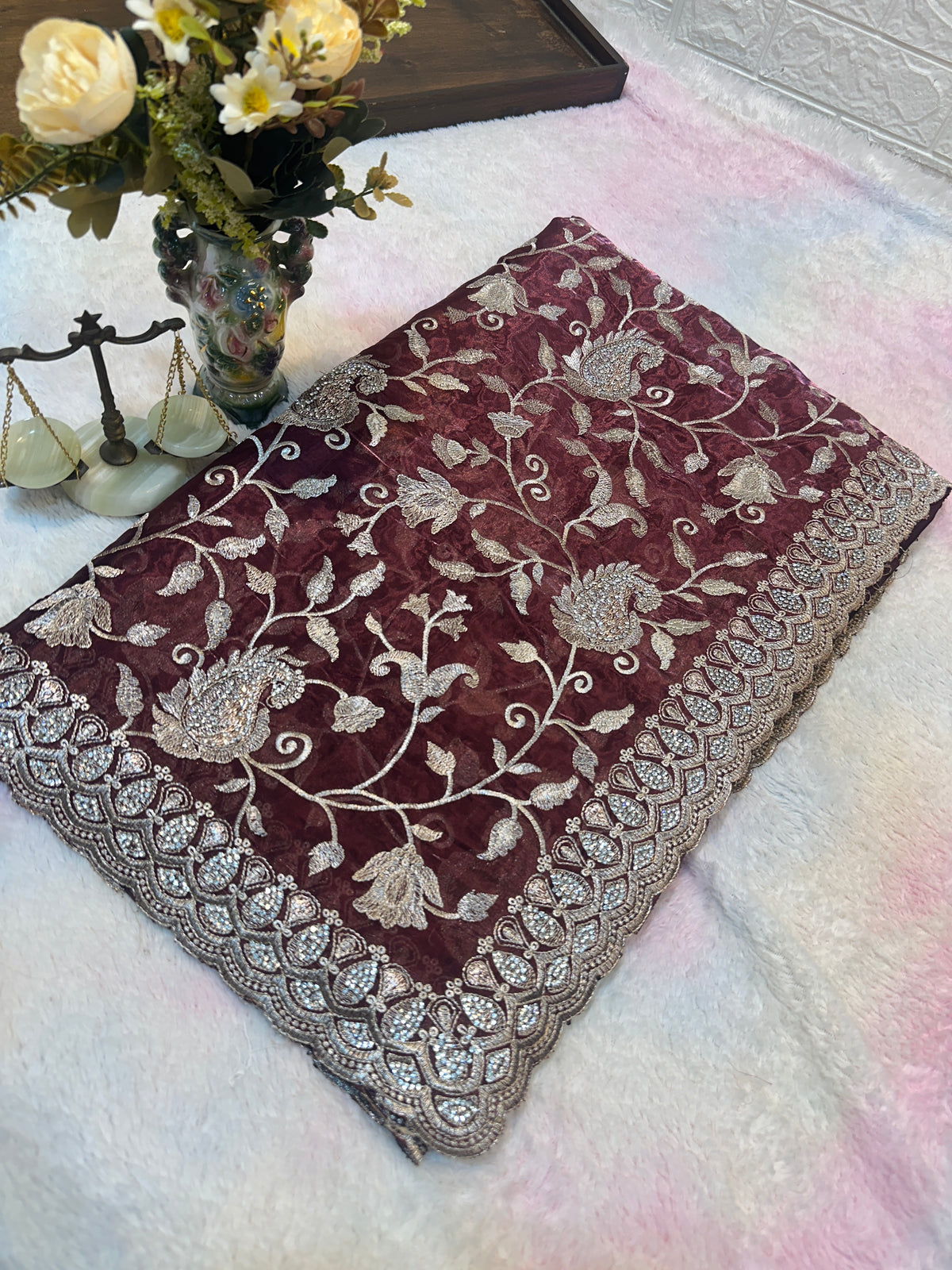 Buy 1 Get 1 FREE – Premium Dark Wine Zari Work Saree ✨