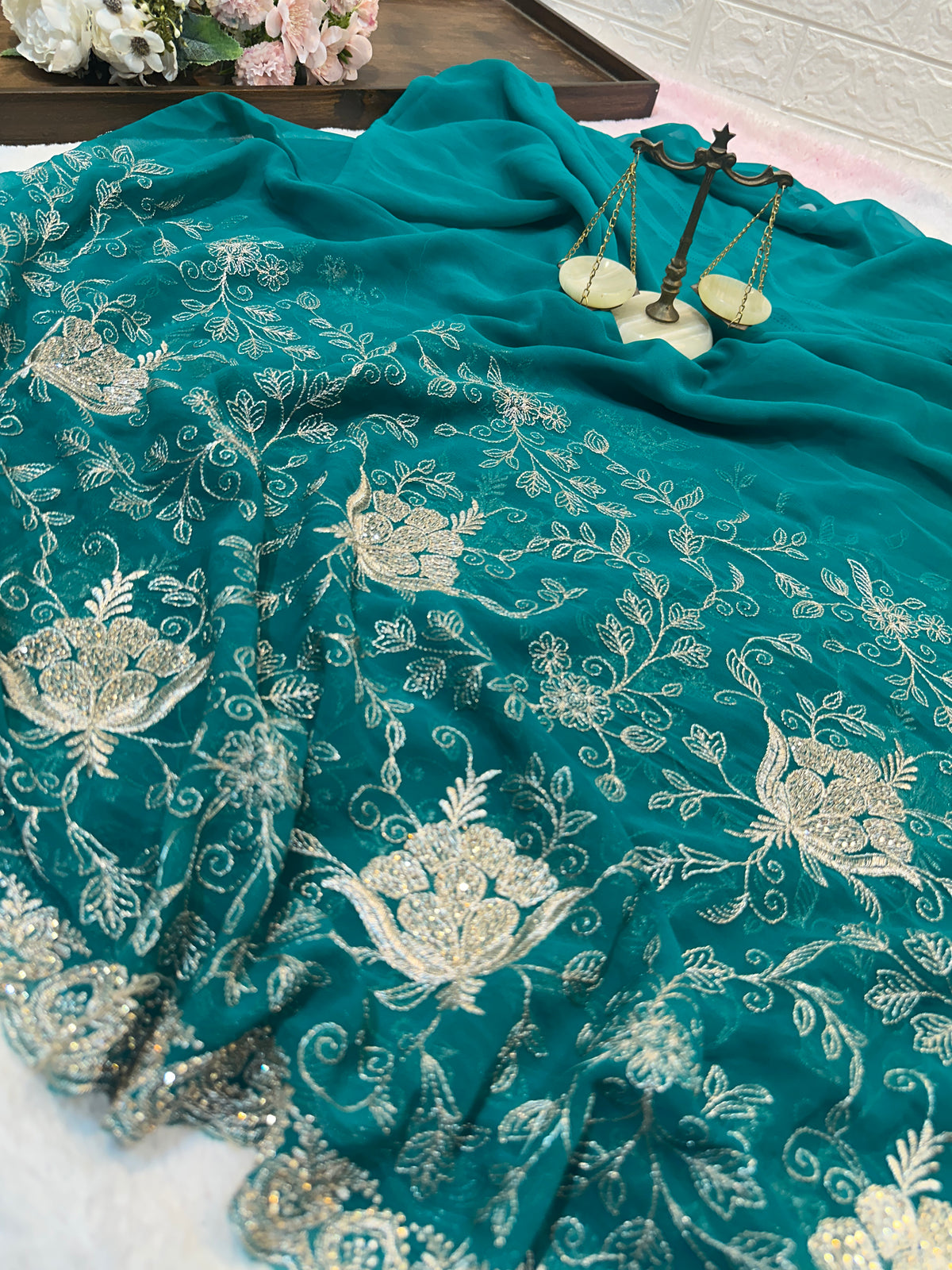 Premium Teal Green Zari Work Saree With Dupatta ✨
