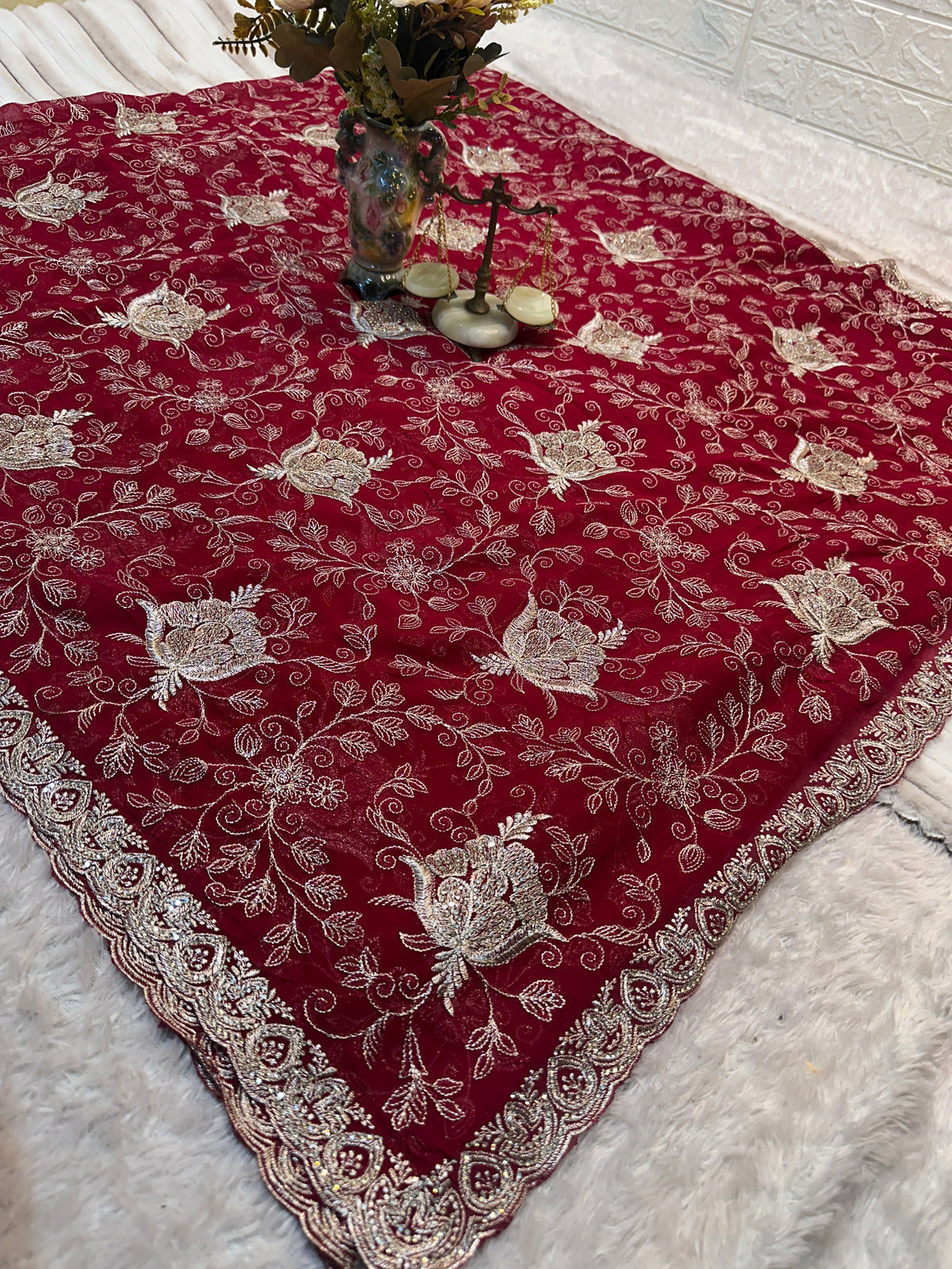 Red Designer Saree With Dupatta – Premium Floral Embroidery