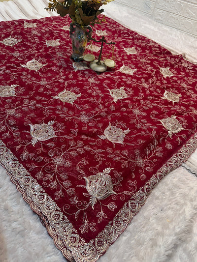Red Designer Saree With Dupatta – Premium Floral Embroidery