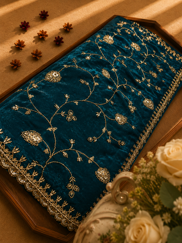 Premium Teal Blue Fendi Designer Saree with Elegant Embroidery Work