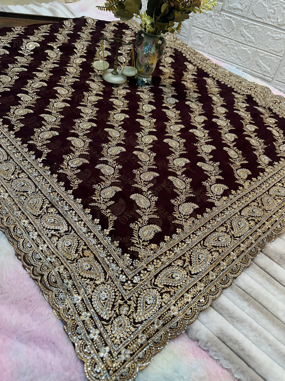 Premium Wine Maroon Bridal Saree with Dupatta | Heavy Zari Embroidery Work