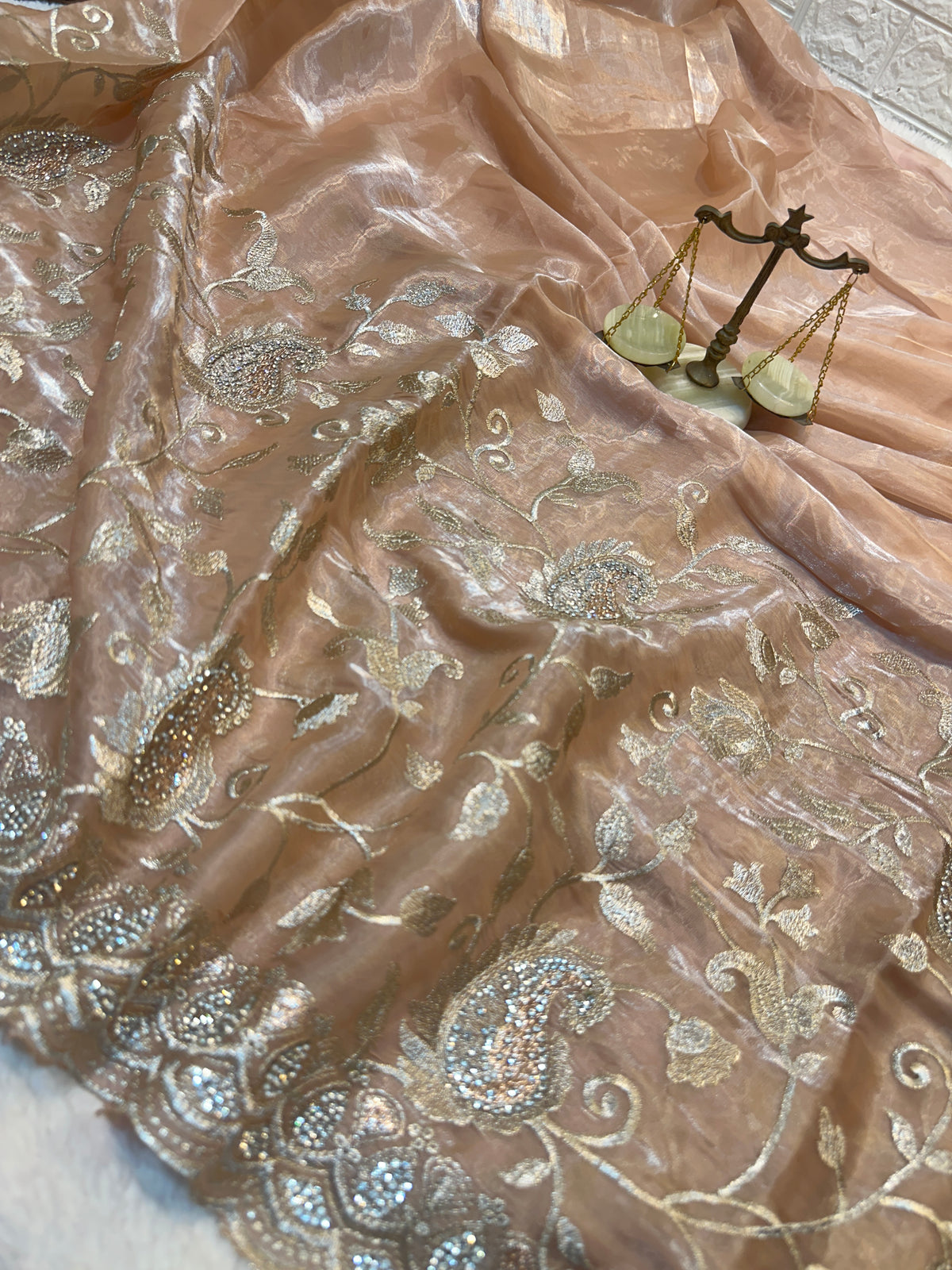 Buy 1 Get 1 FREE – Premium Rose Gold Zari Work Saree ✨