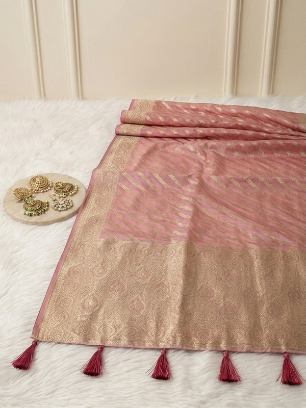 Pink Banarasi Silk Saree with Gold Zari Stripes & Heavy Zari Border