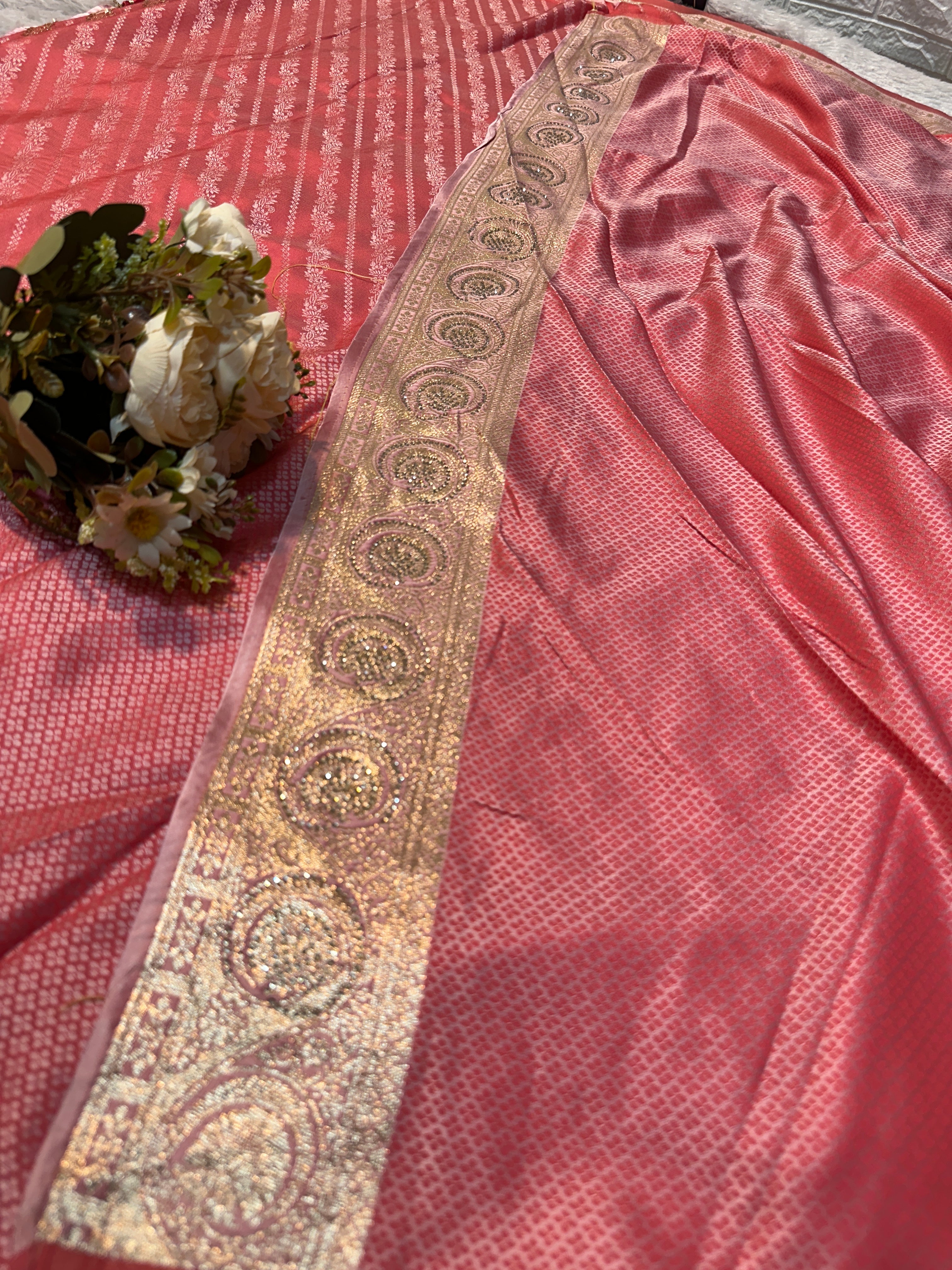 Pink Banarasi Silk Saree with Gold Zari Stripes & Heavy Zari Border