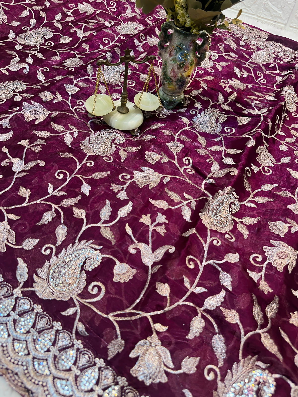 Buy 1 Get 1 FREE – Premium Dark Wine Zari Work Saree ✨
