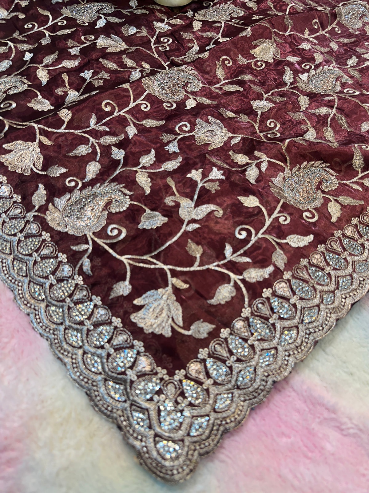 Buy 1 Get 1 FREE – Premium Dark Wine Zari Work Saree ✨