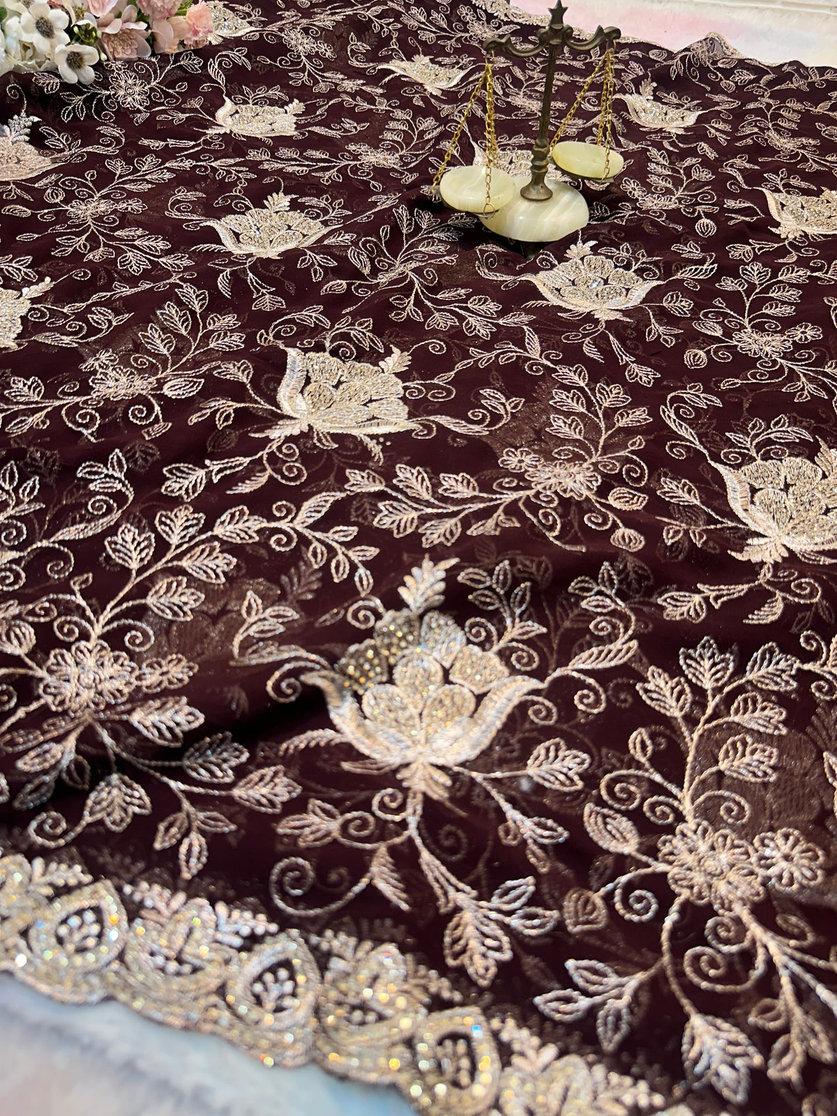 Premium Dark Chocolate Brown Zari Work Saree With Dupatta ✨