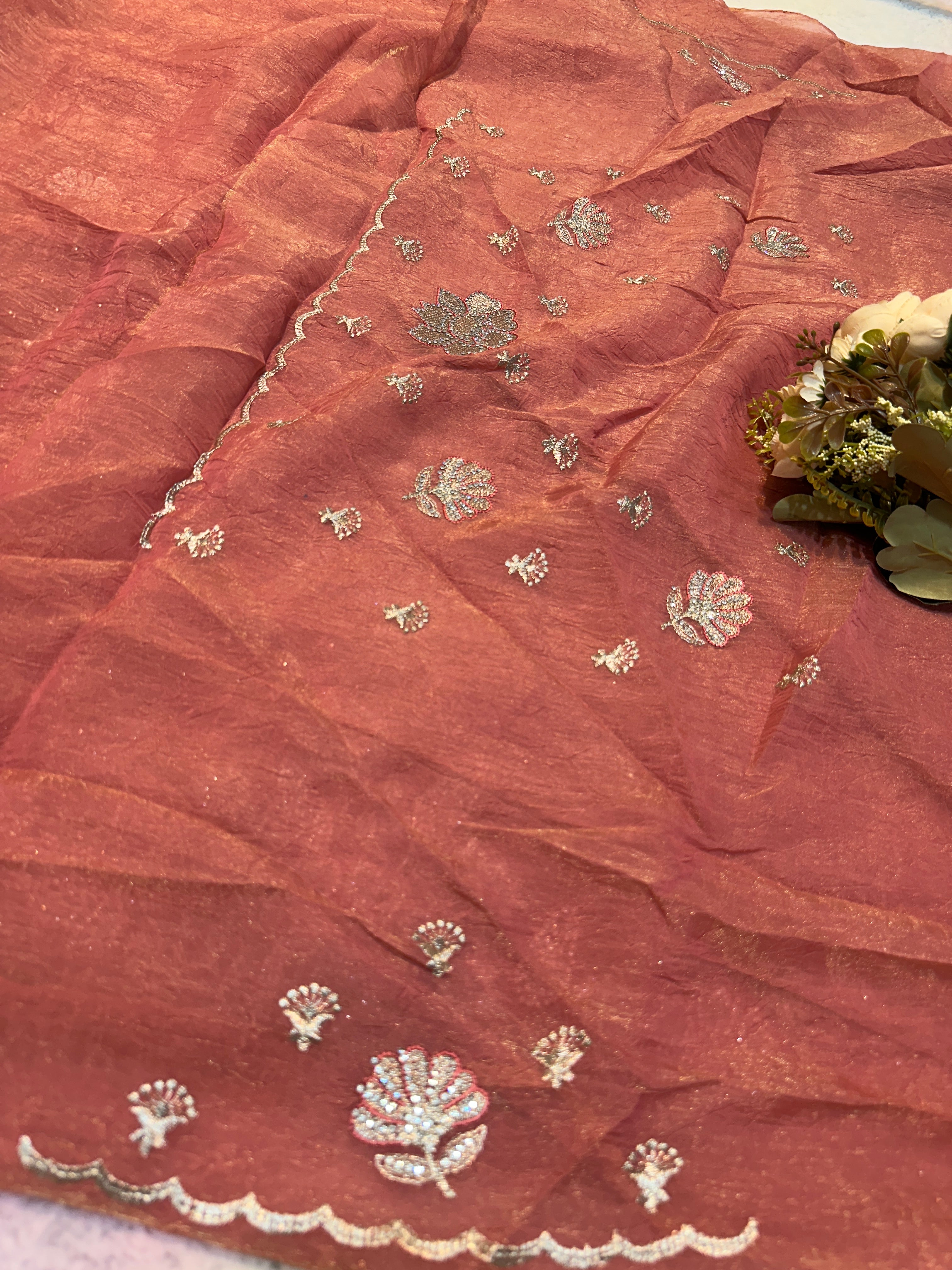 Coral Pink Organza Saree with Silver Zarkhan Stone & Zari Floral Embroidery