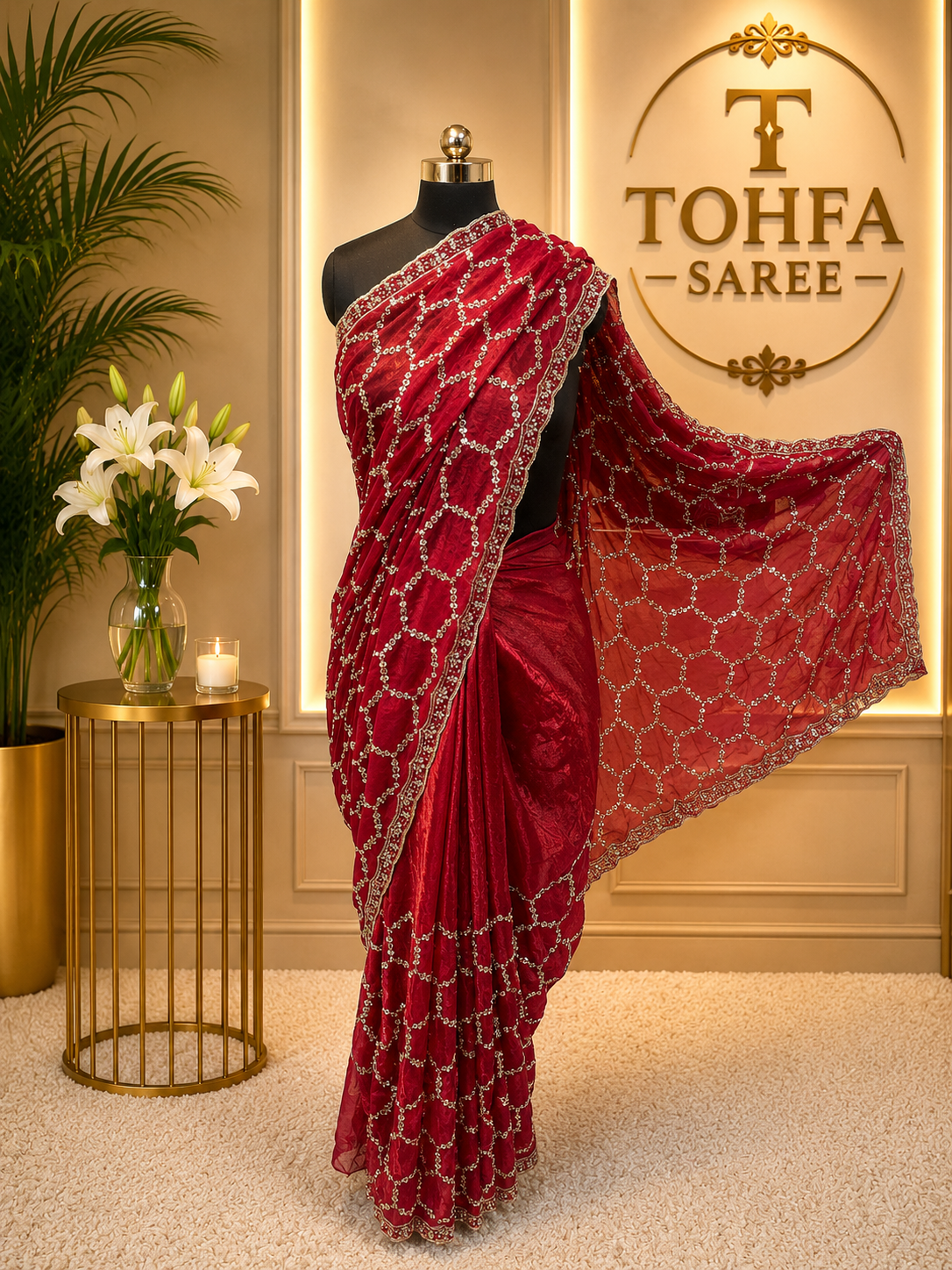 Premium Red Designer Saree with Intricate Beads Work