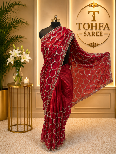 Premium Red Designer Saree with Intricate Beads Work