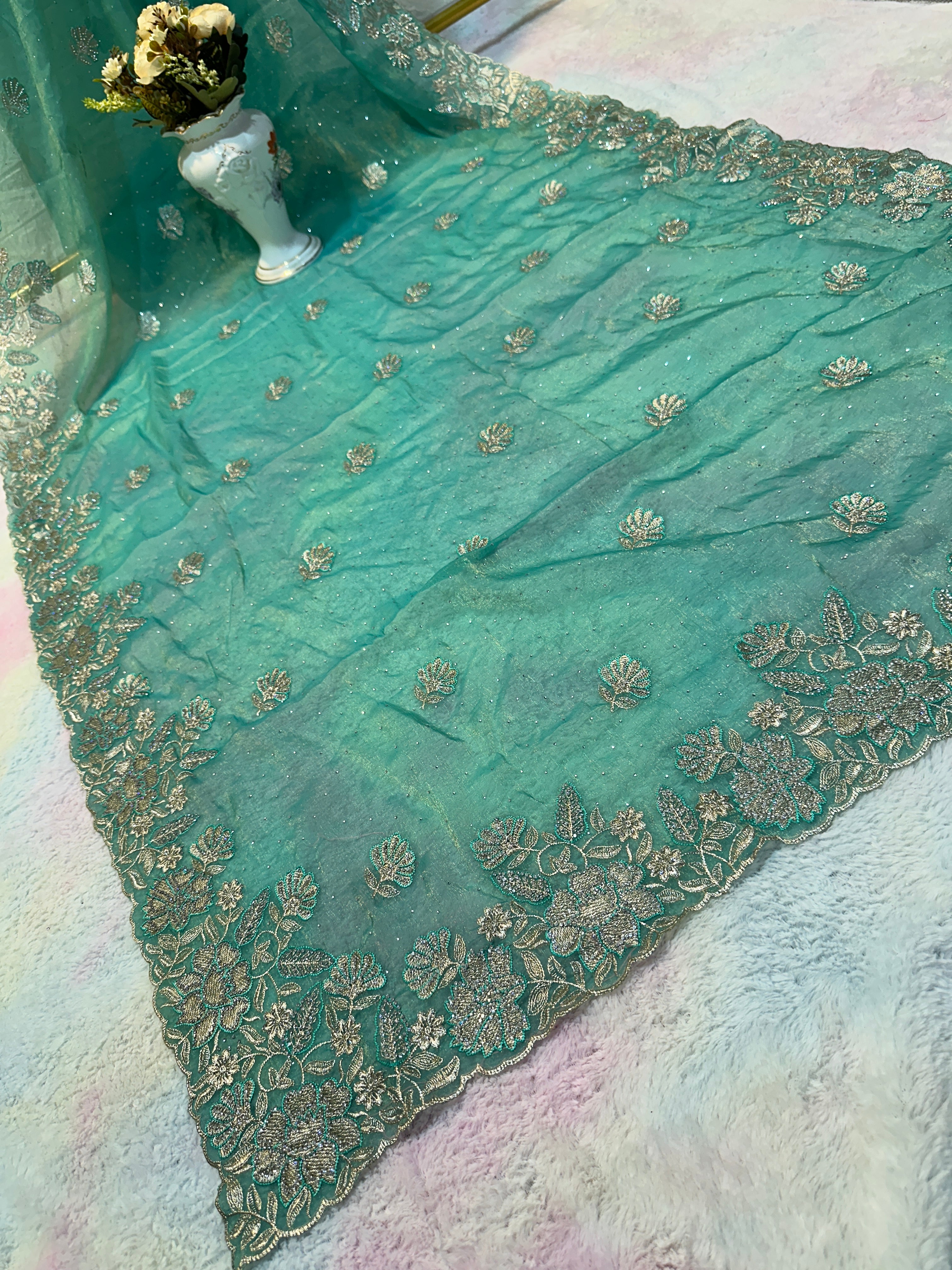 Sea Green Organza Saree with Zarkhan Stone & Zari Floral Embroidery