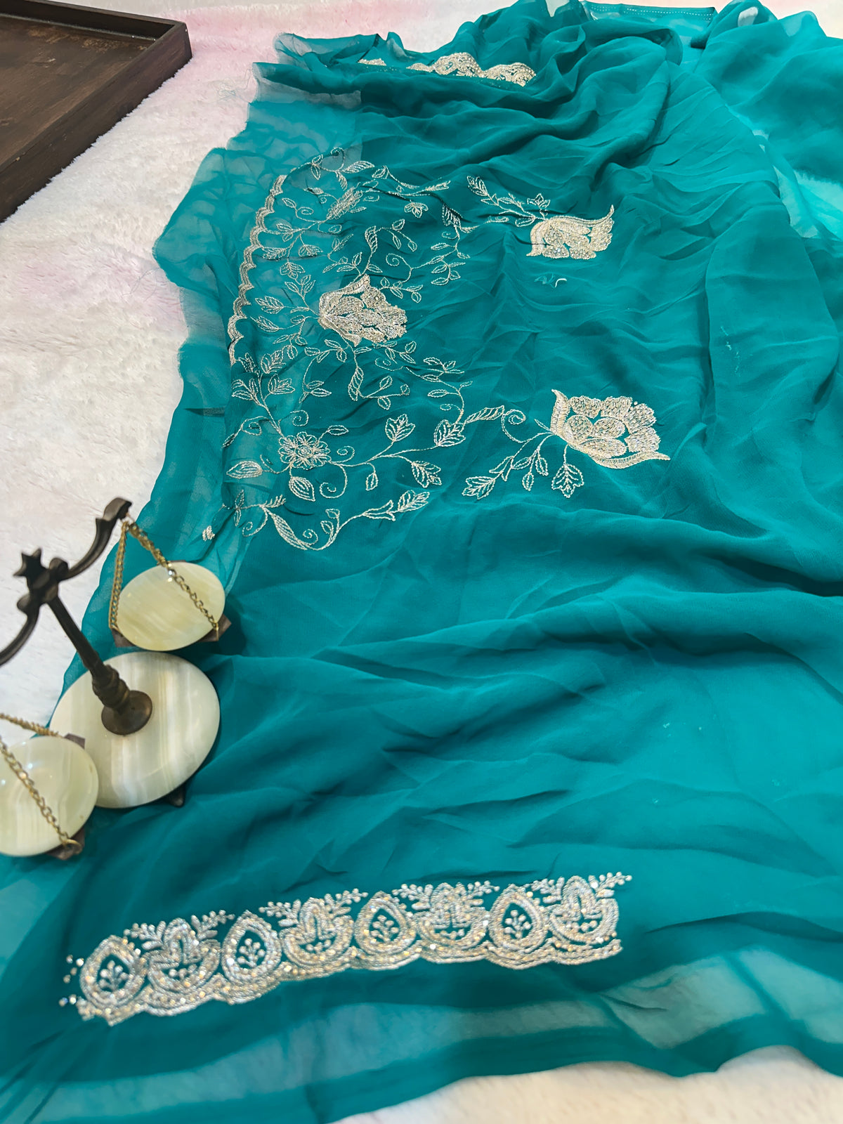 Premium Teal Green Zari Work Saree With Dupatta ✨
