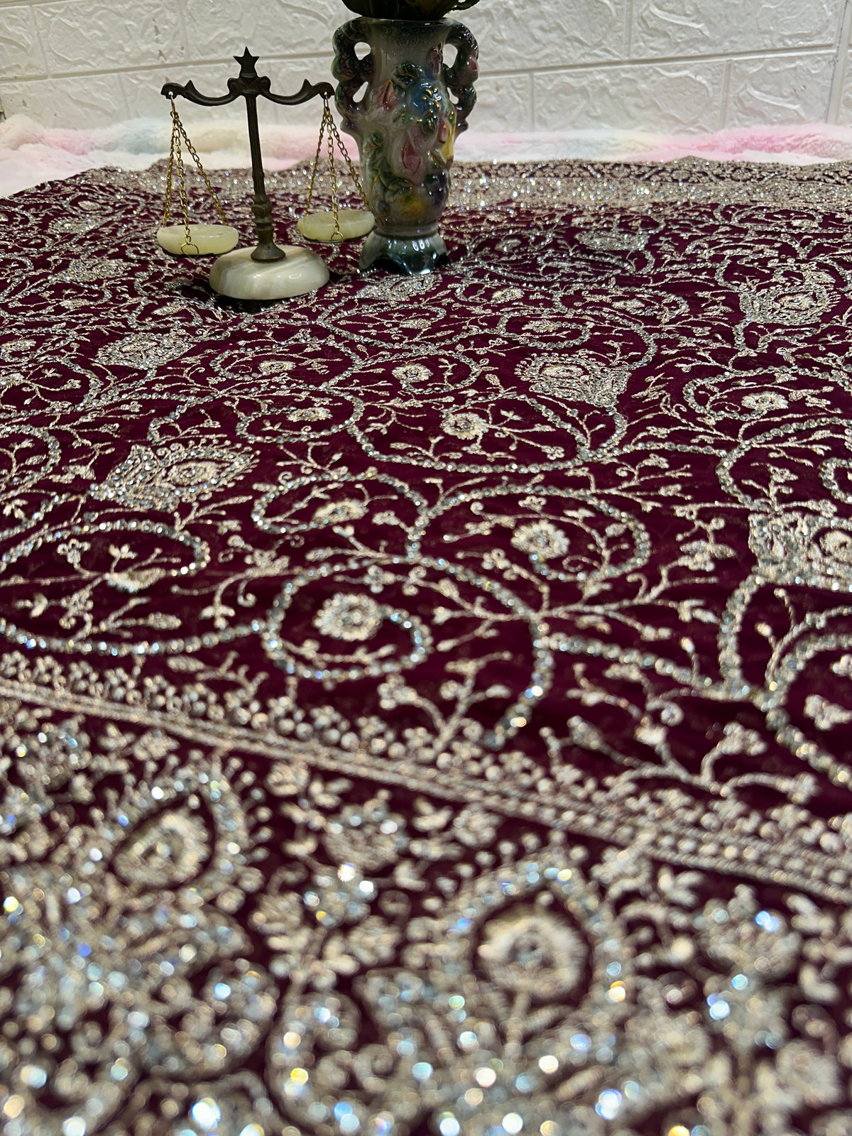 Premium Wine Saree with Dupatta | Heavy Embroidery & Stone Work