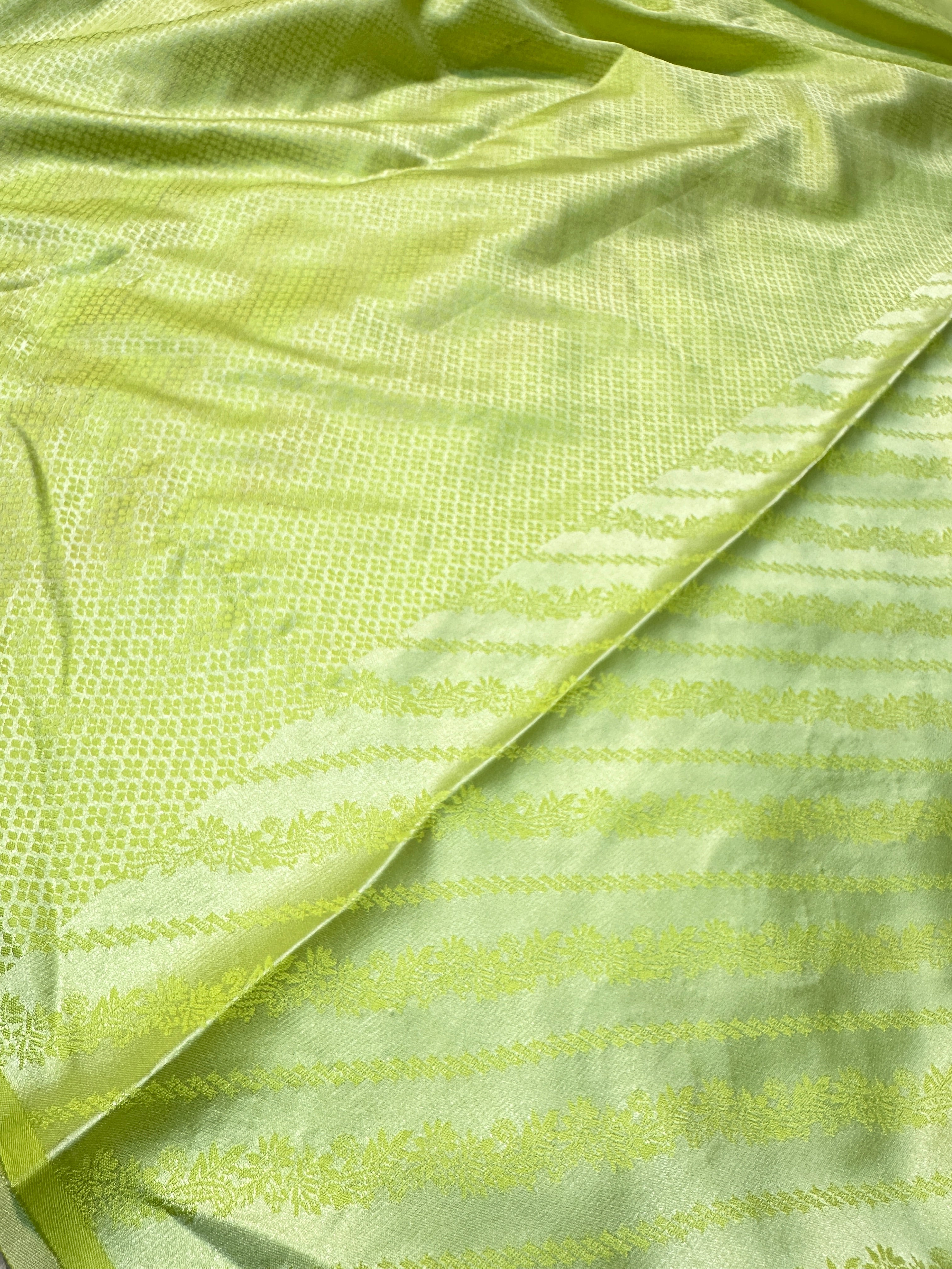 Parrot Green Banarasi Silk Saree with Gold Zari Stripes & Heavy Zari Border