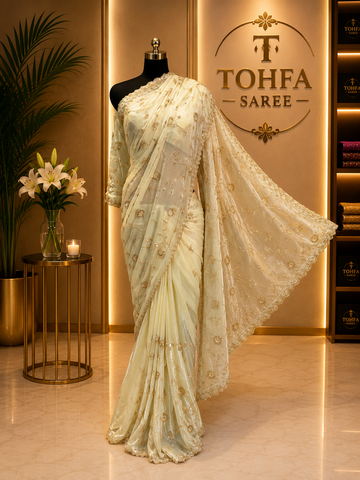 Premium Cream Fendi Designer Saree with Elegant Embroidery Work