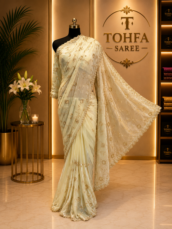 Premium Cream Fendi Designer Saree with Elegant Embroidery Work