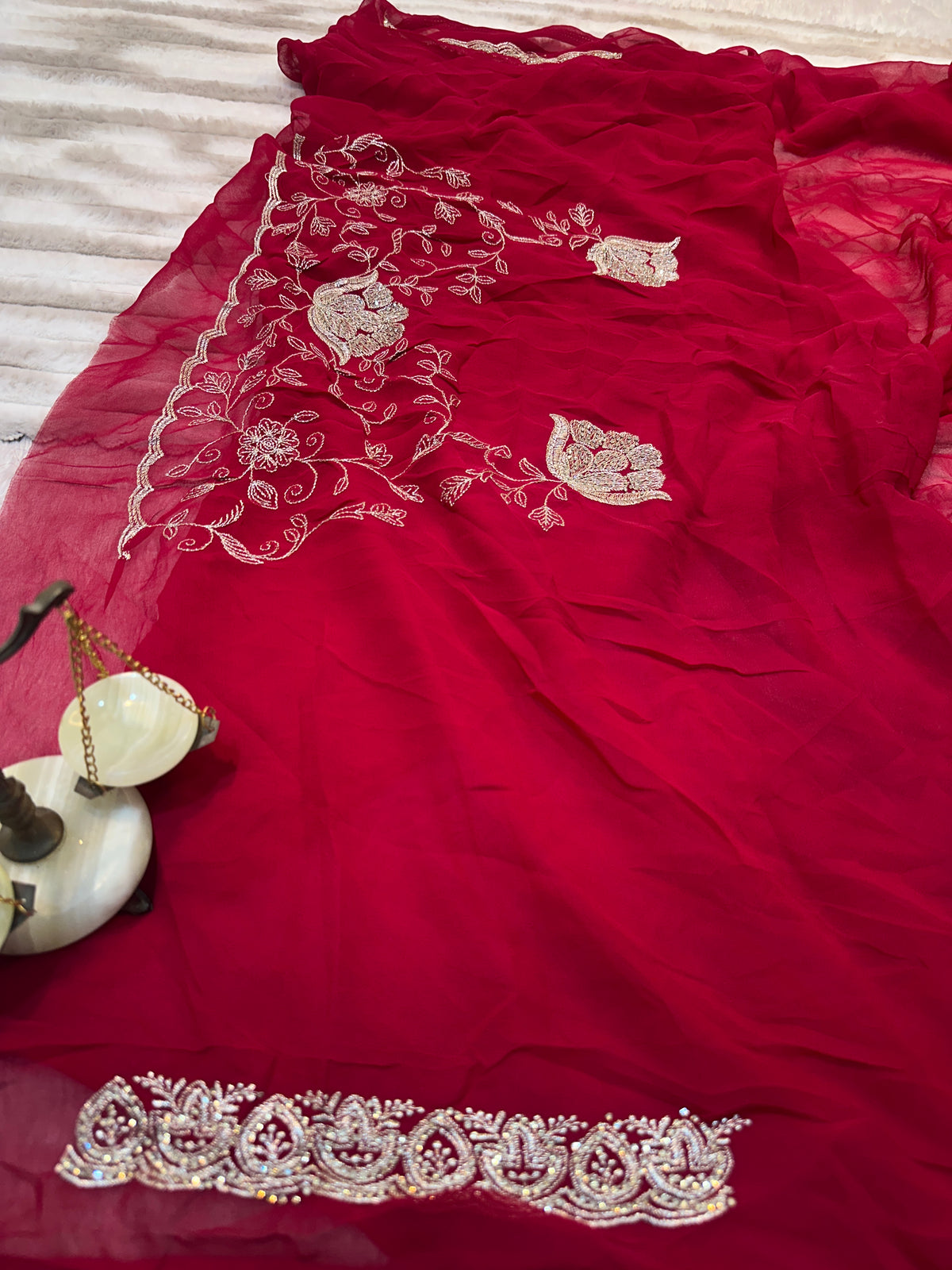 Red Designer Saree With Dupatta – Premium Floral Embroidery