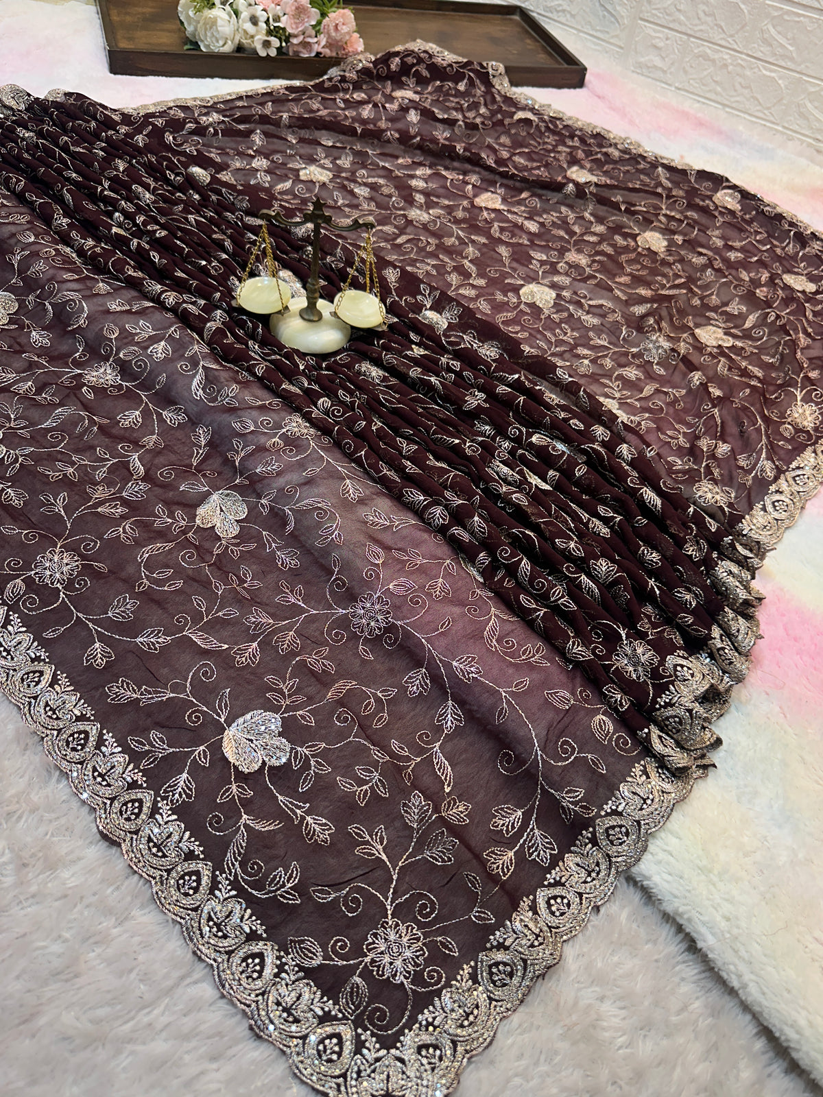 Premium Dark Chocolate Brown Zari Work Saree With Dupatta ✨