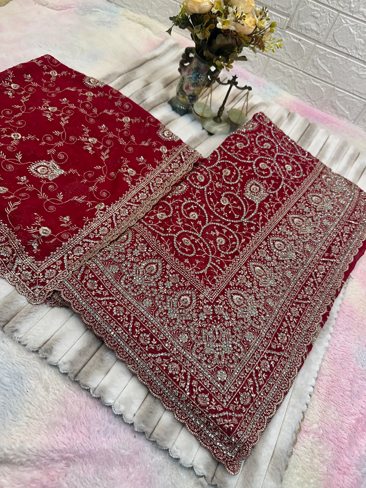 Premium Red Bridal Saree with Dupatta | Heavy Embroidery & Stone Work