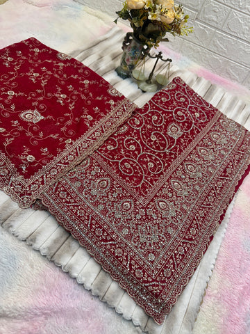 Premium Red Bridal Saree with Dupatta | Heavy Embroidery & Stone Work