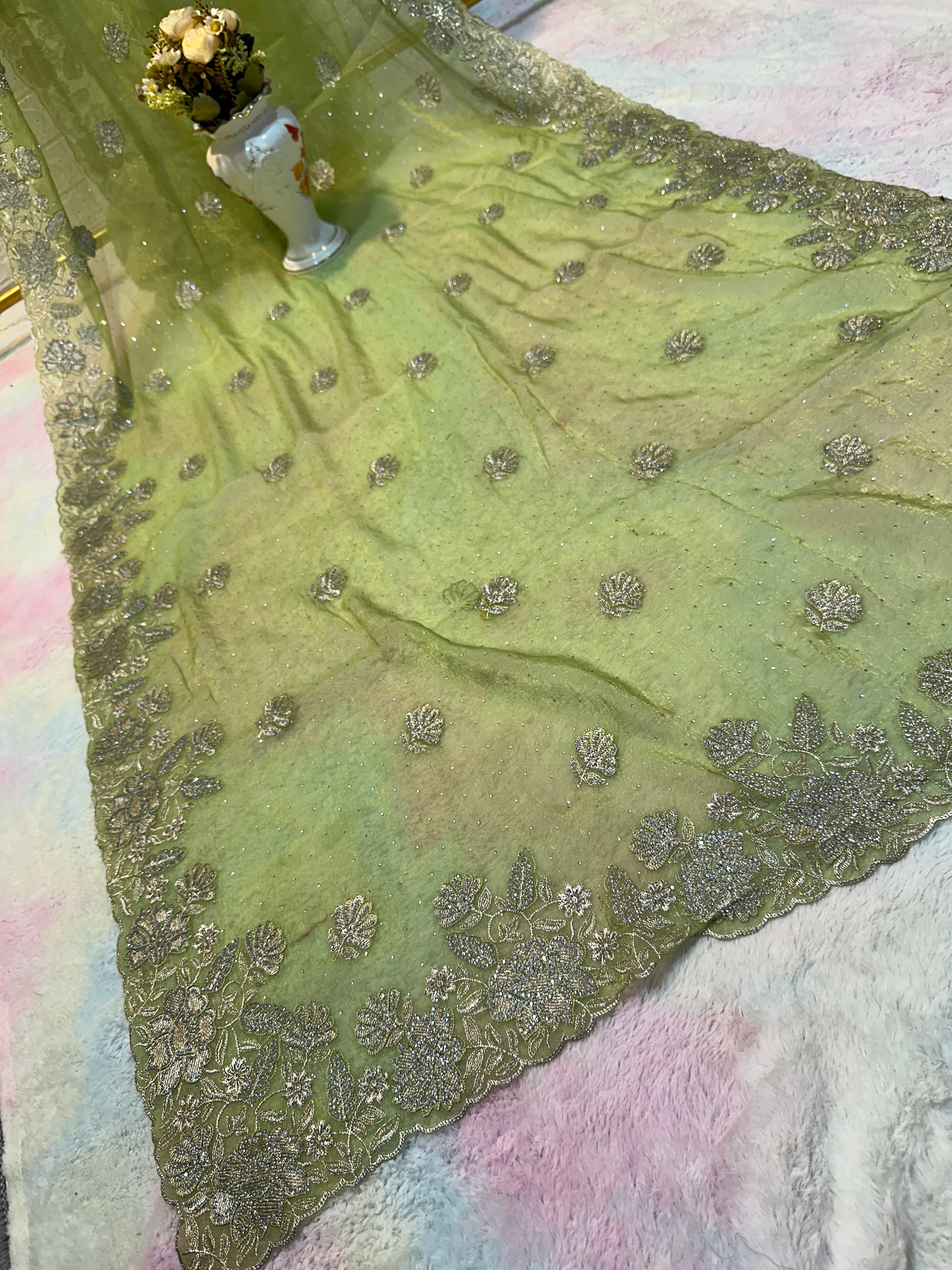 Pista Green Organza Saree with White Zari & Zarkhan Stone Floral Embroidery