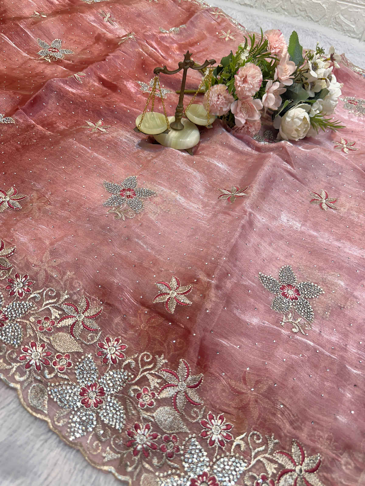 BUY 1 GET 1 FREE – Blush Pink Floral Embroidered Saree