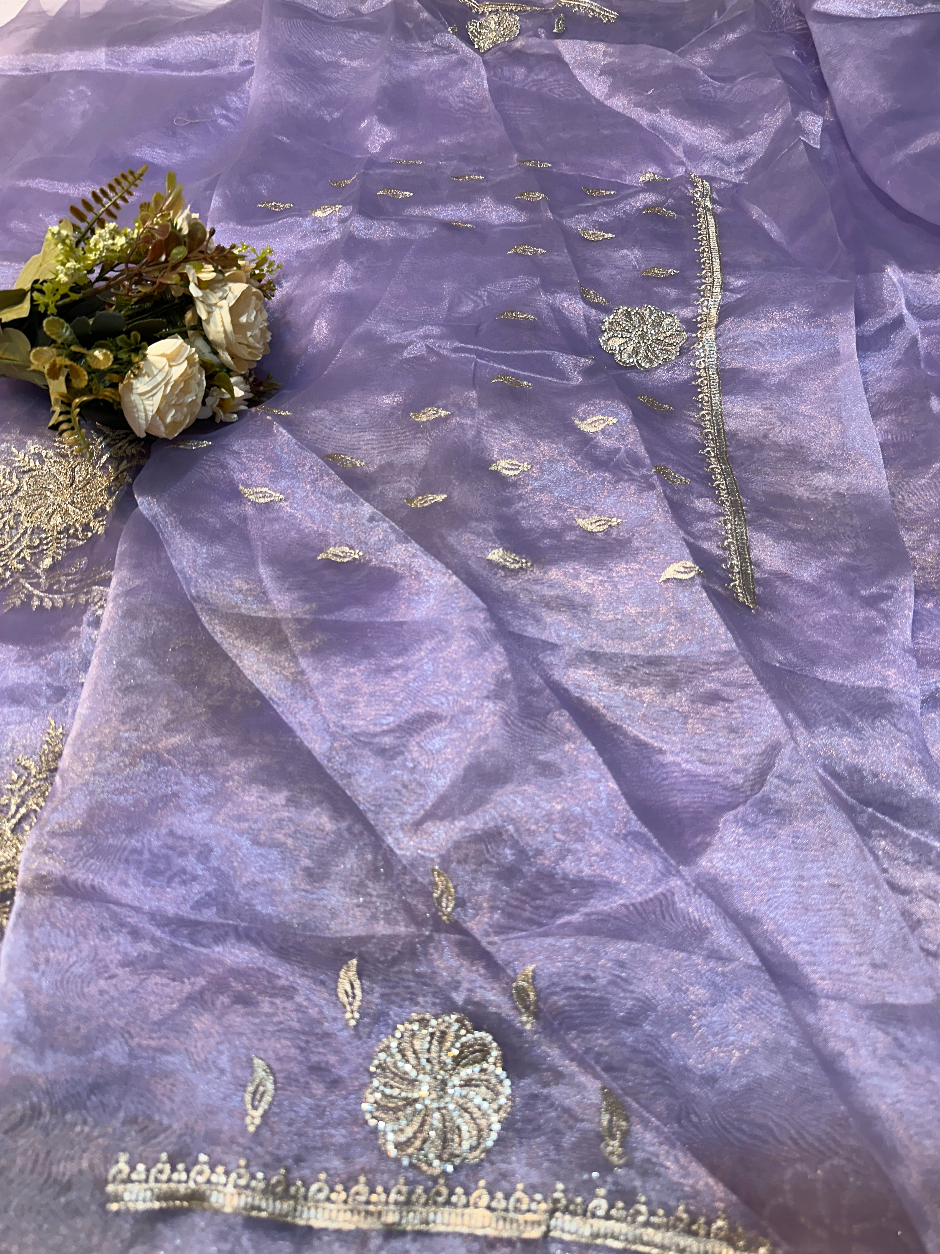 Lavender grey Organza Saree with Silver Floral Embroidery