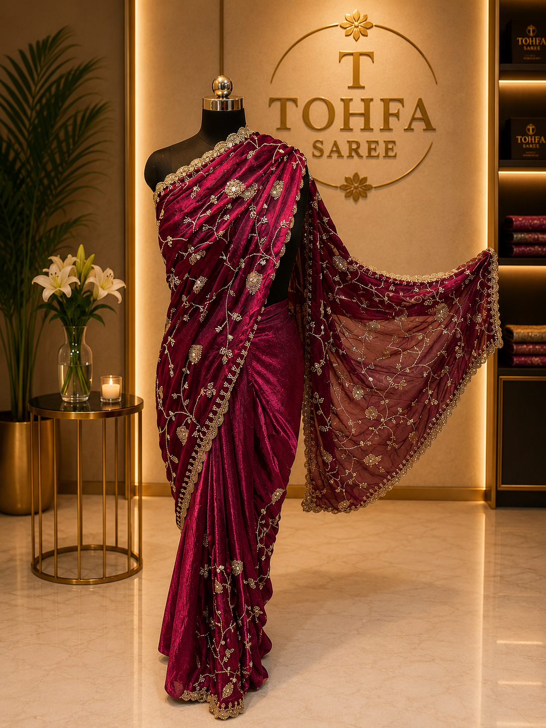 Premium Wine Fendi Designer Saree with Elegant Embroidery Work