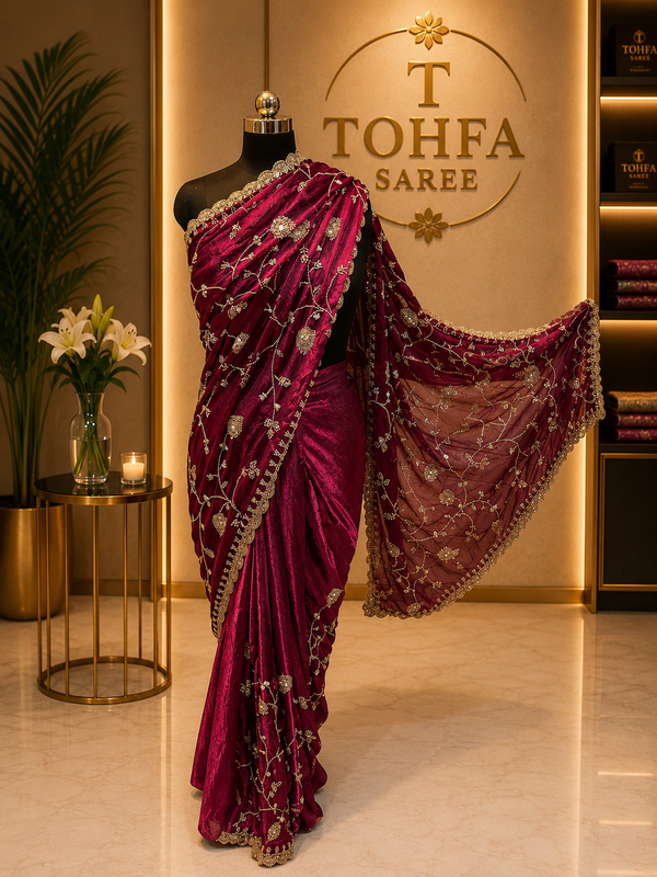 Premium Wine Fendi Designer Saree with Elegant Embroidery Work