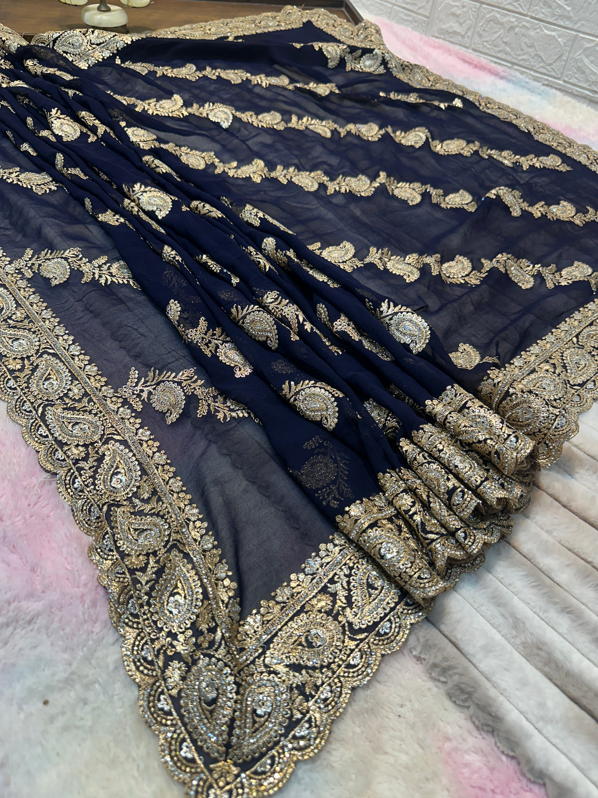 Navy Blue Bridal Saree with Dupatta | Heavy Zari & Embroidery Work